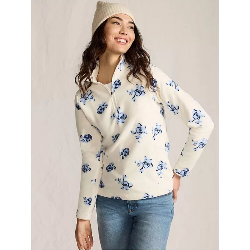 Lands' End Cream Half-Zip Sweater with Blue Floral Print